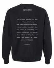 Load image into Gallery viewer, Black &#39;Love Never Fails&#39; Crewneck